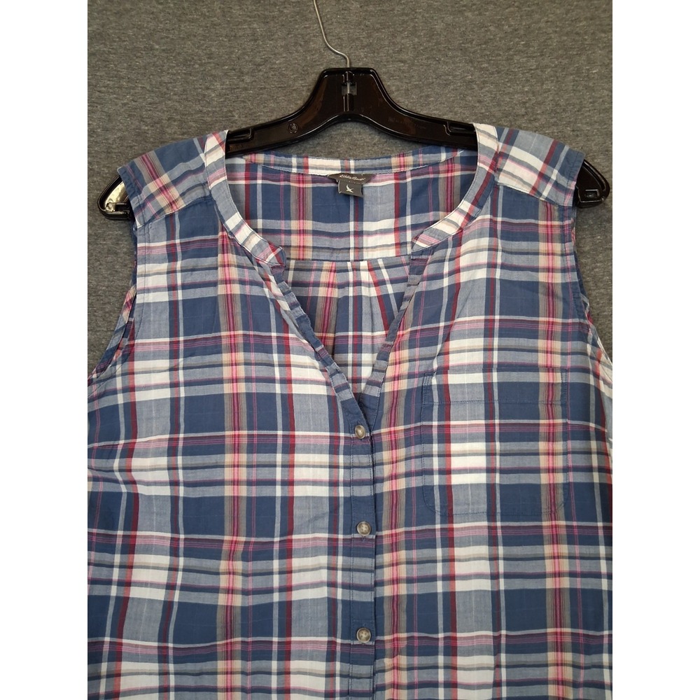 Eddie Bauer Womens Shirt XL Blue Plaid Cotton Button Up Vest Gorp PNW Outdoor